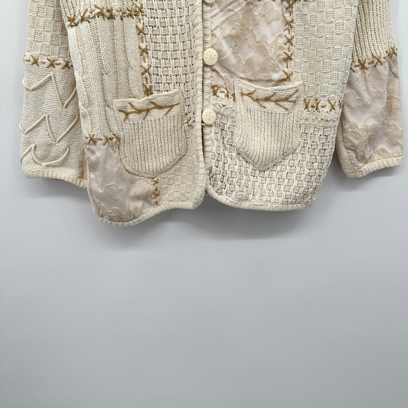 Vintage Sandy Starkman Cardigan Sweater Large Embroidered Chunky Knit Neutral - Picture 7 of 16